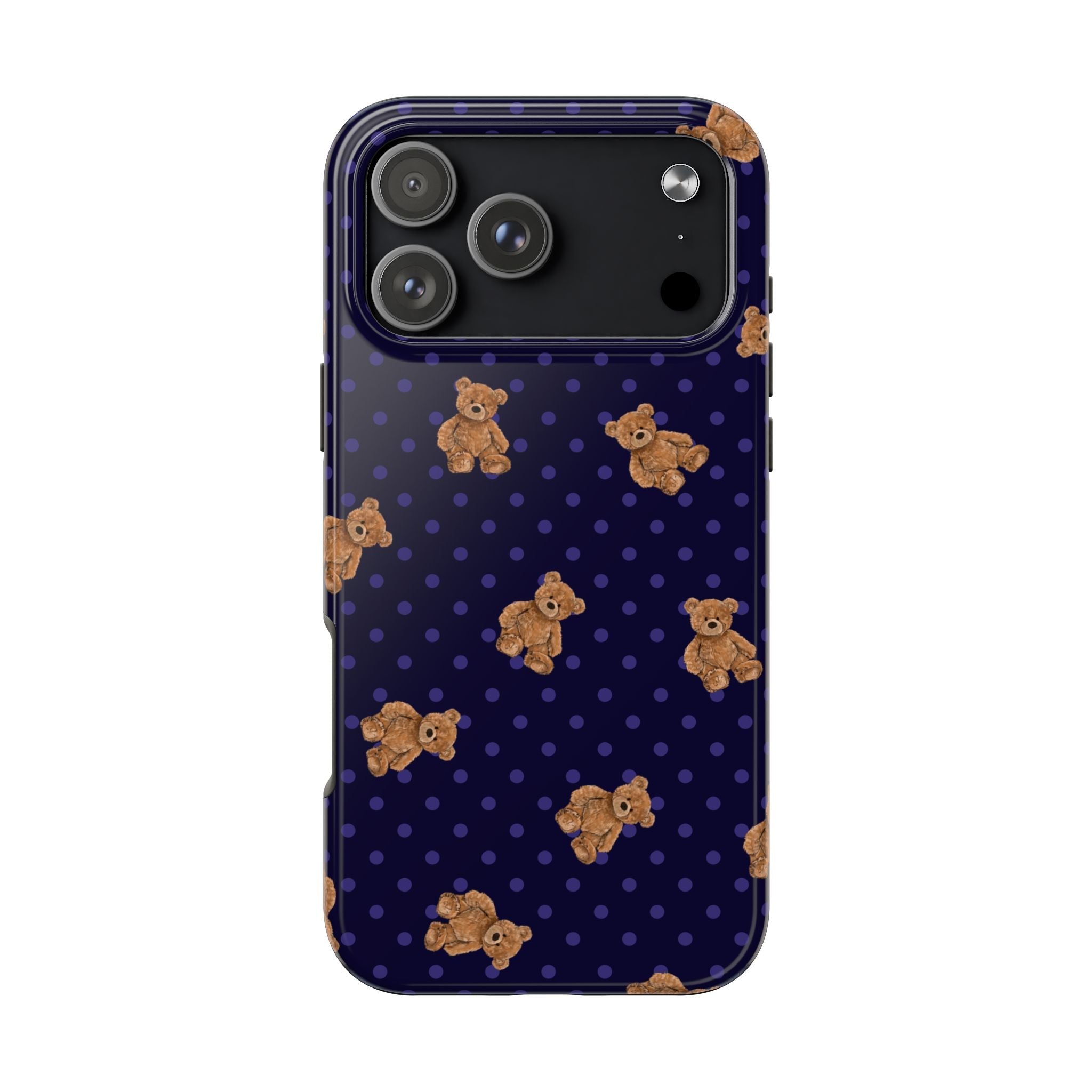 Navy phone case with purple polka dots and teddy bears pattern