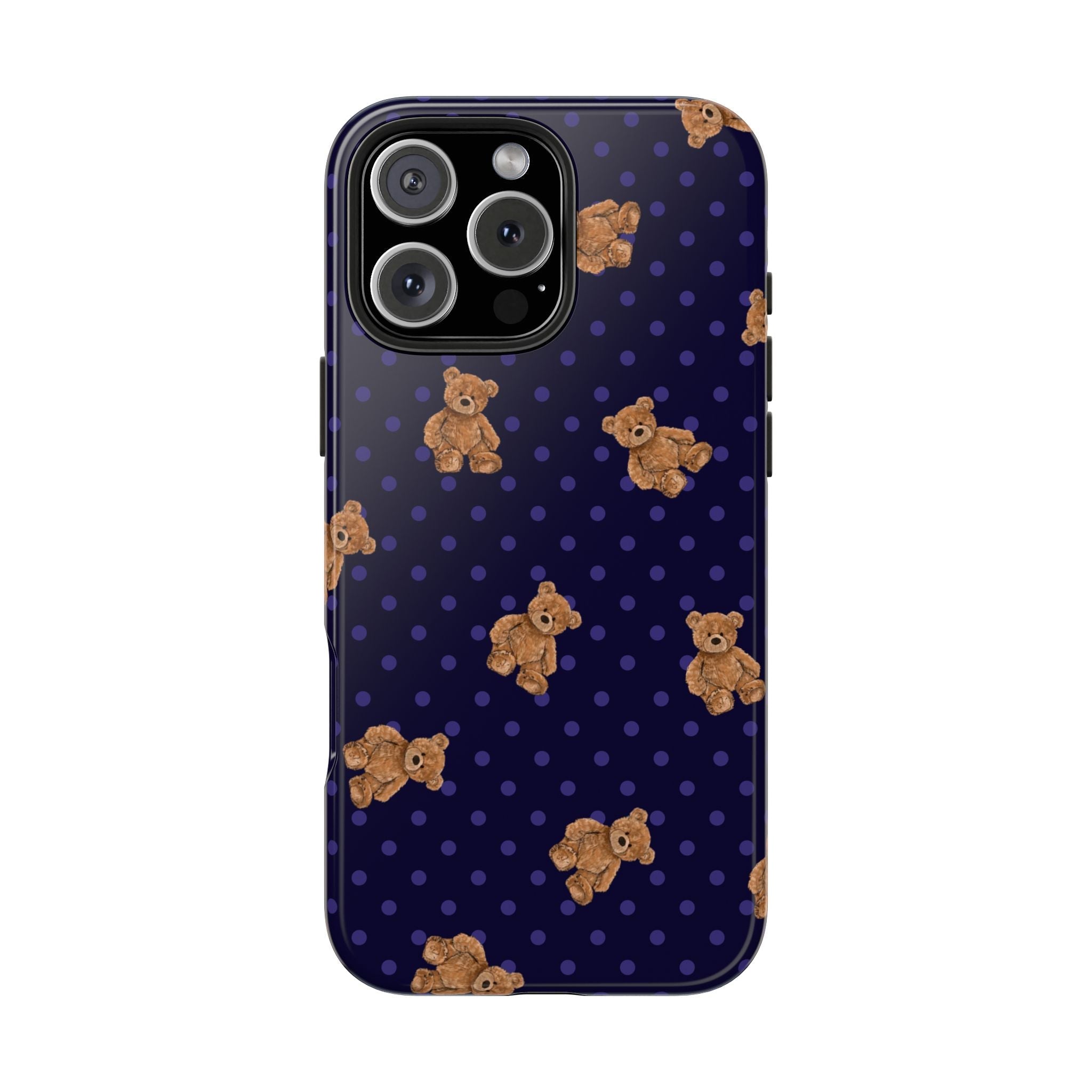 Navy phone case back with scattered teddy bears over polka-dot pattern