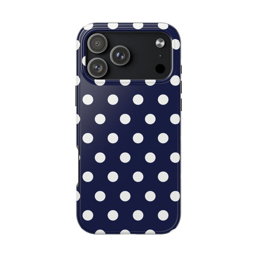 Navy phone case with white polka dots and camera cutouts