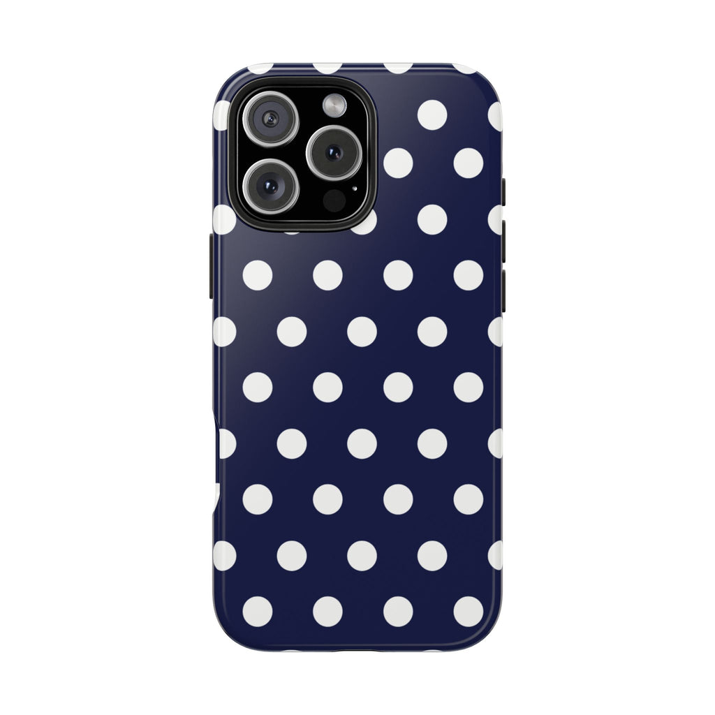 Navy polka dot phone case with white dots and raised camera frames