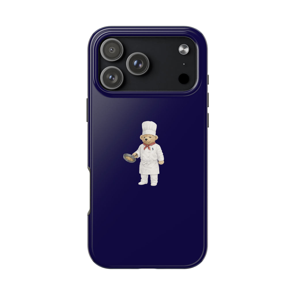 Navy phone case with chef teddy bear graphic and cutouts for camera and flash