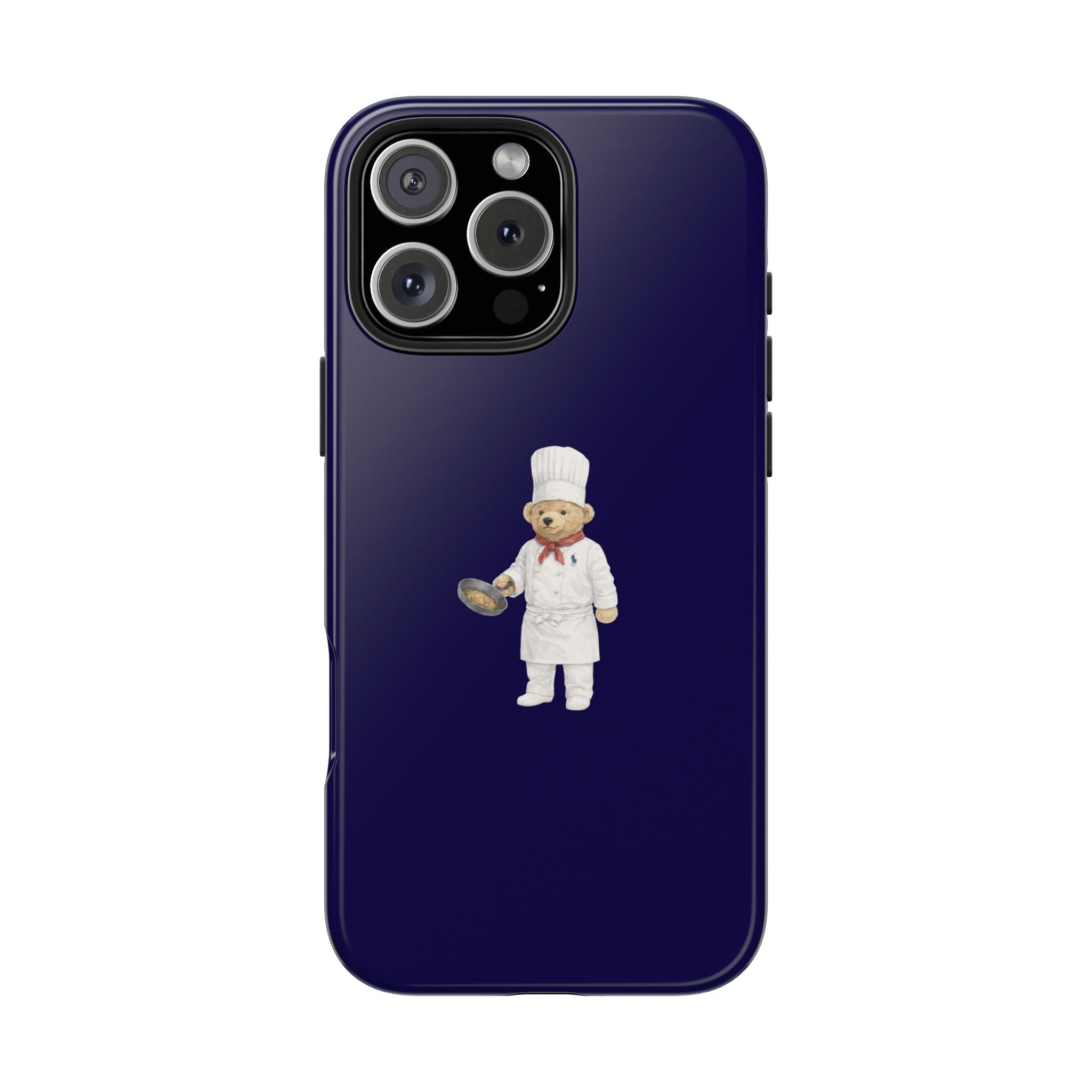 Navy phone case with centered chef teddy bear figure and camera cutout on back