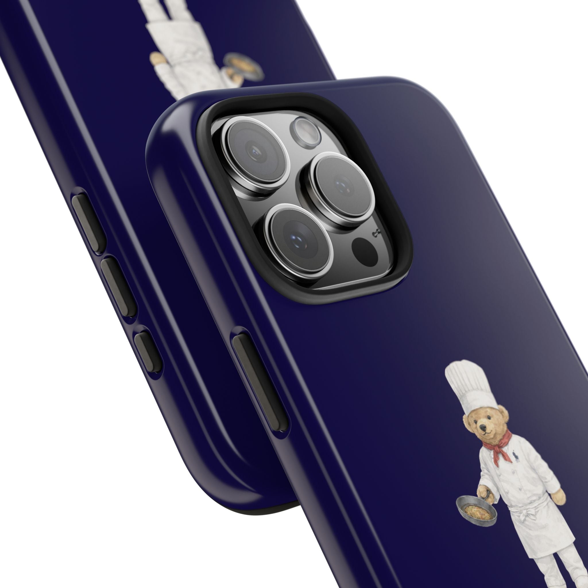 Navy phone case side view with chef teddy bear, camera lens cover, and button cutouts
