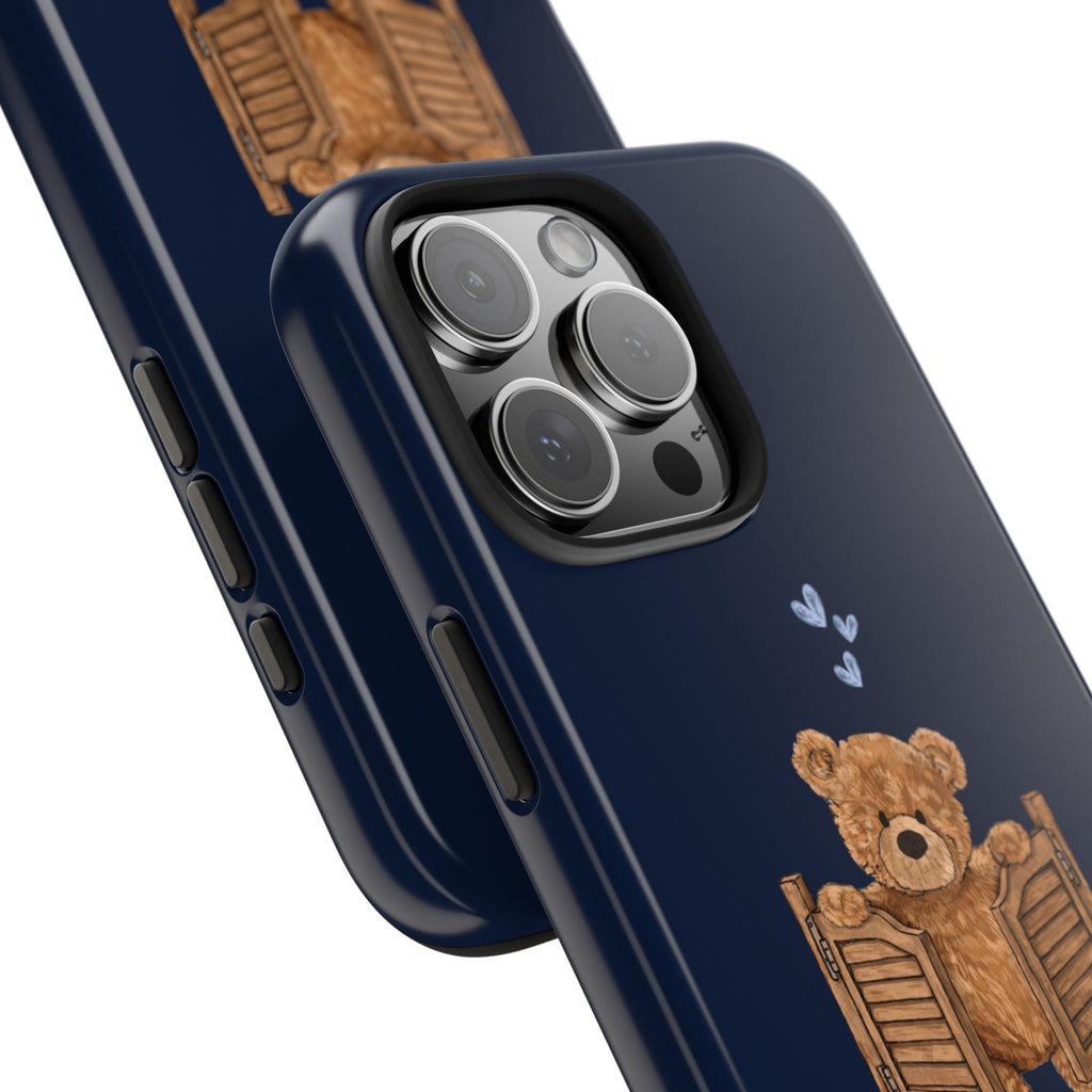 Navy phone case corner with raised camera cover and teddy bear rodeo graphic