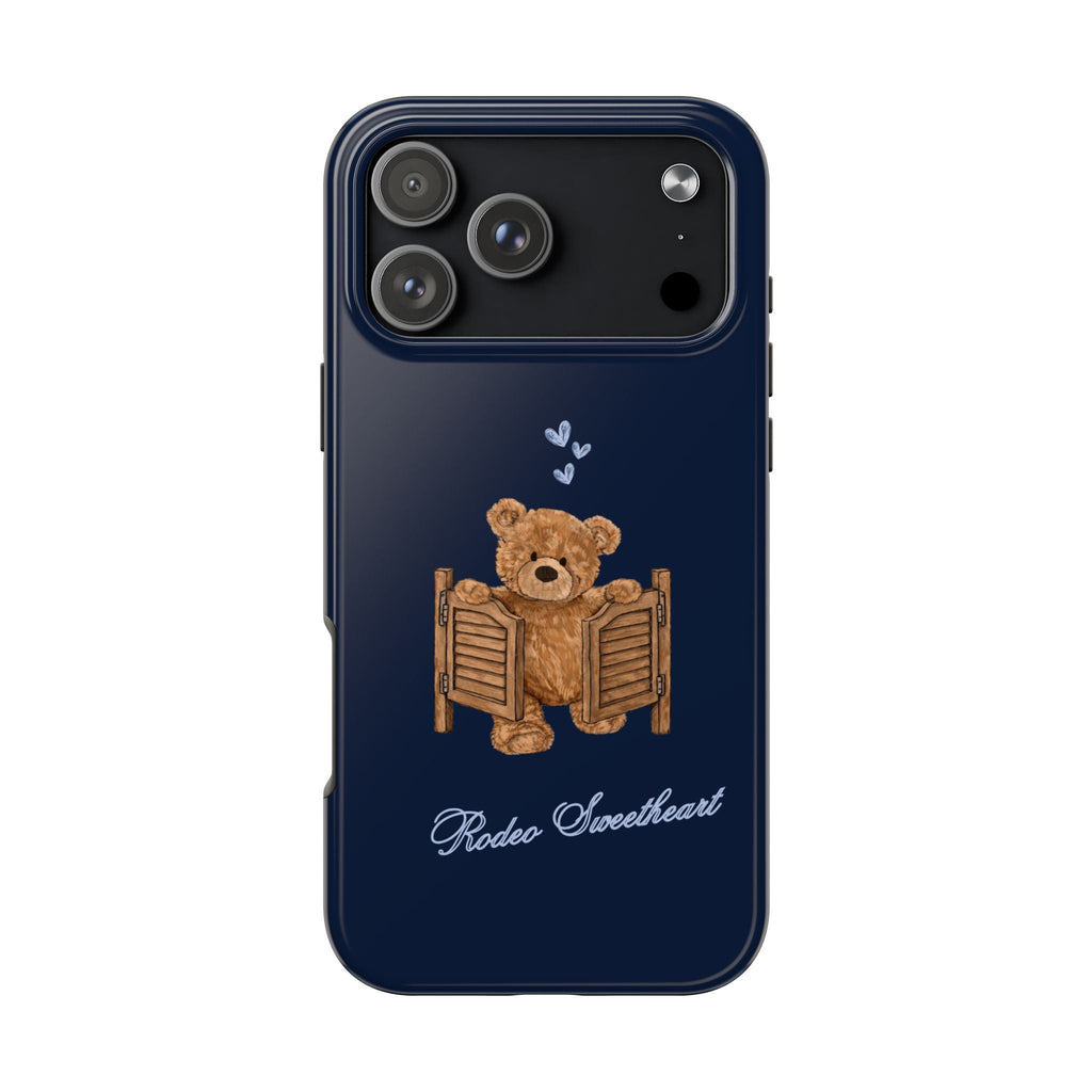 Navy phone case with teddy bear rodeo shutters graphic and cursive text