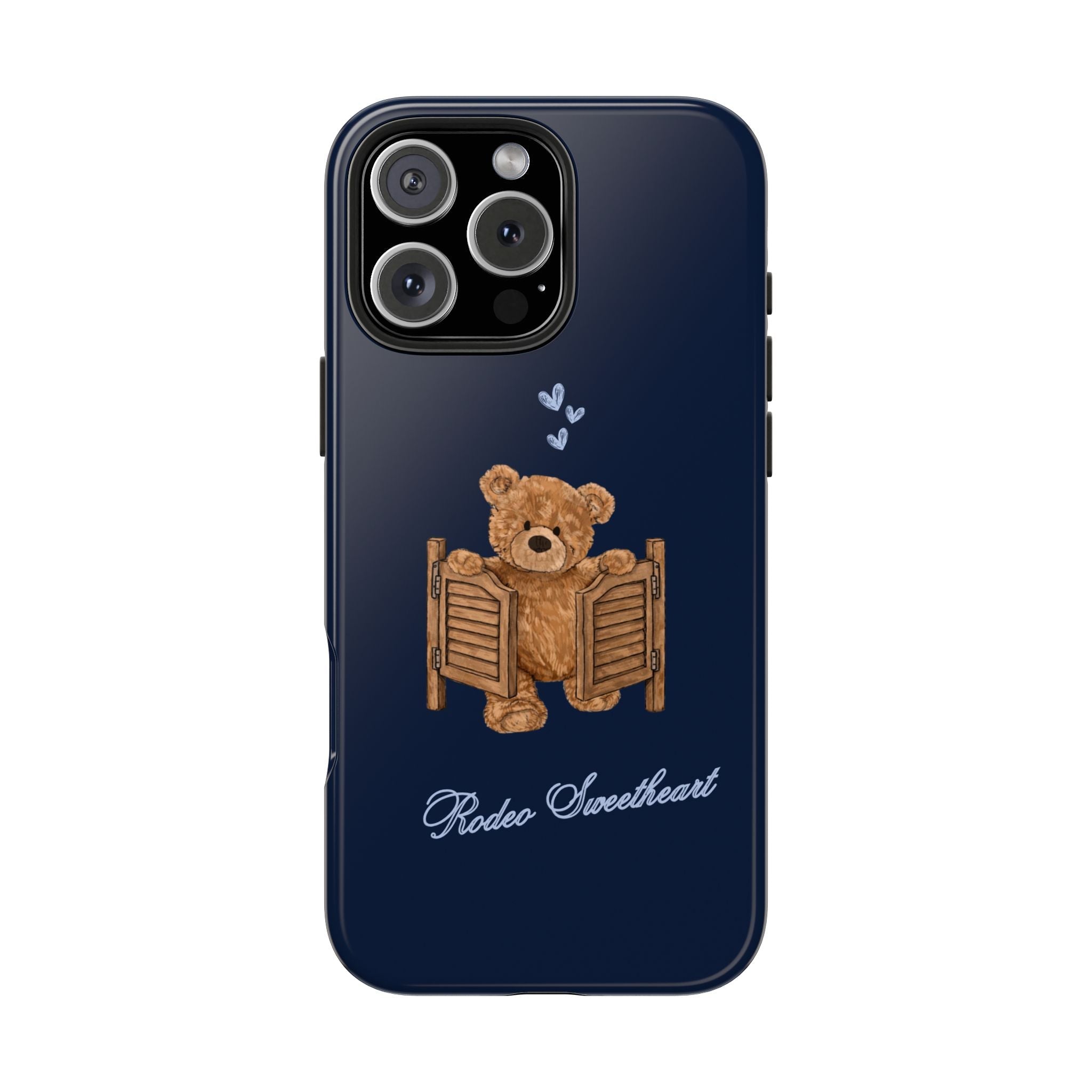 Navy phone case with teddy bear holding rodeo boards and small heart doodles