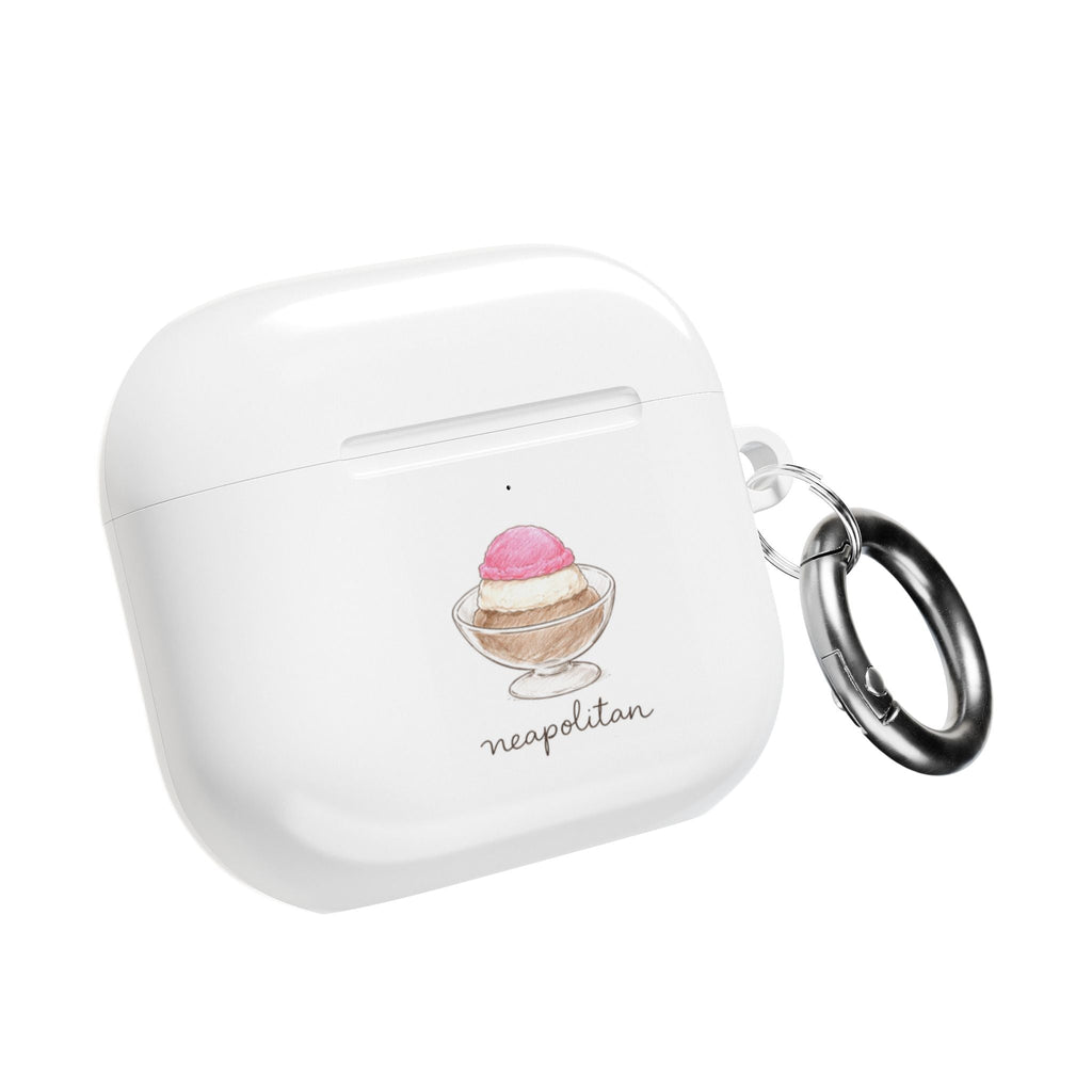 White AirPods case with Neapolitan ice-cream logo and metal key ring, closed