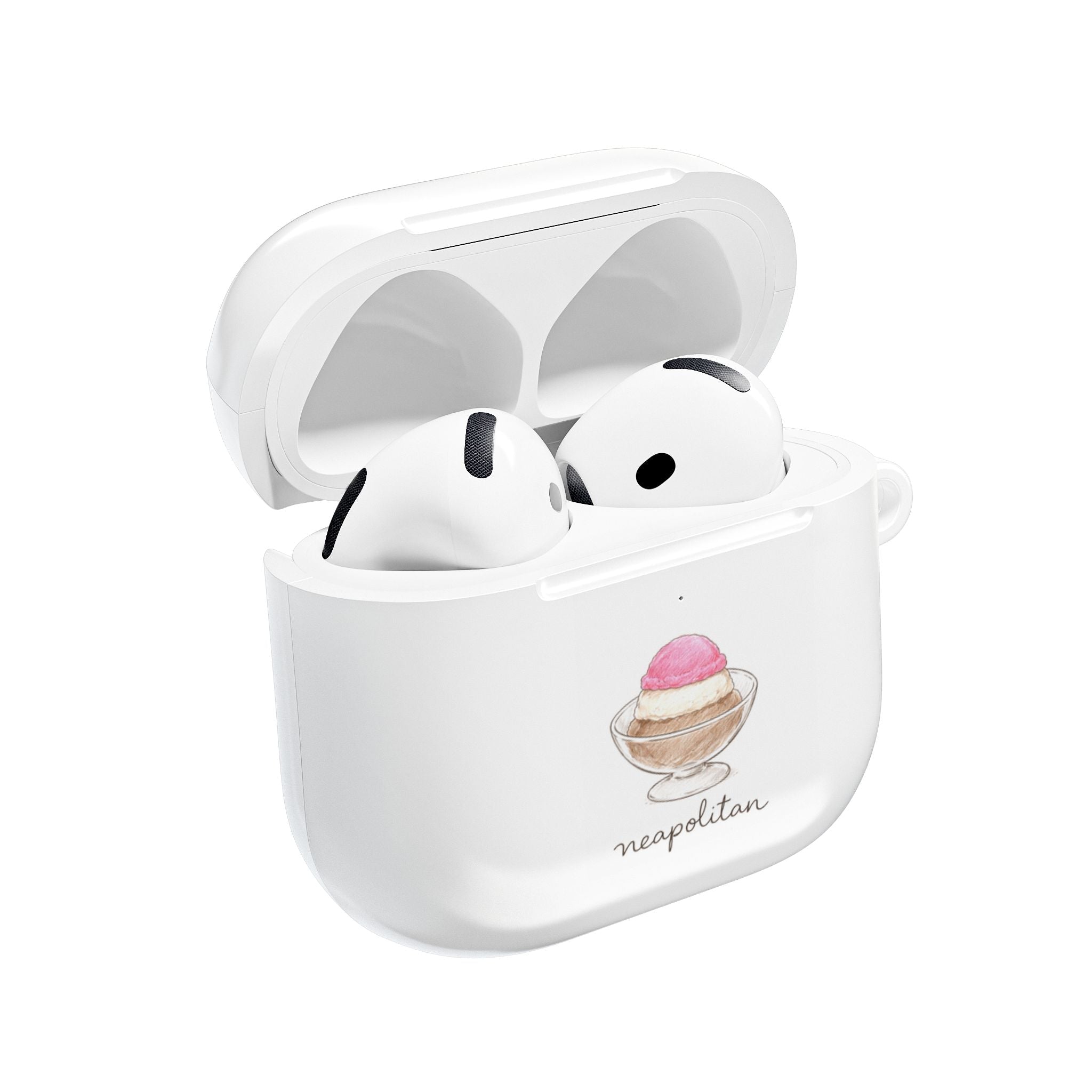 White AirPods case, open lid; Neapolitan ice-cream graphic with earbuds inside