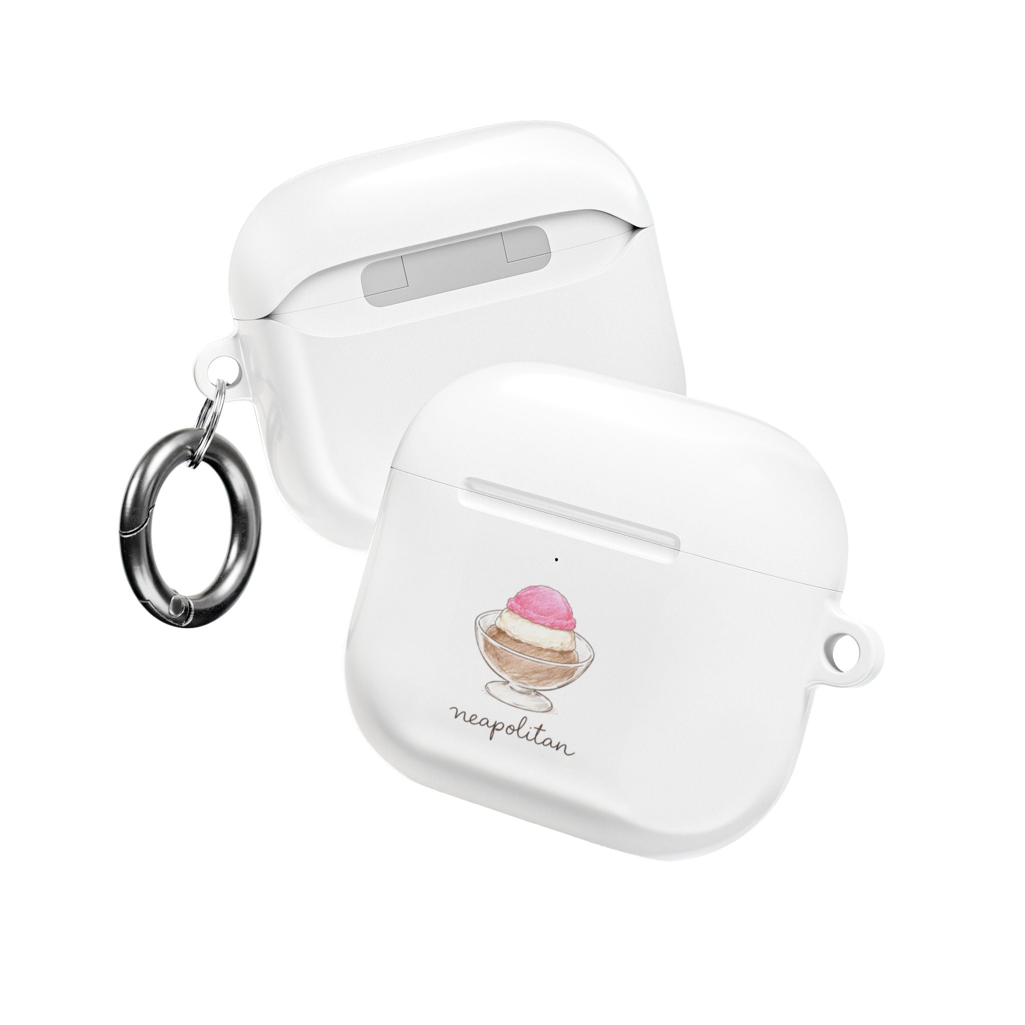 White AirPods case with Neapolitan ice-cream graphic; lanyard rings on both sides