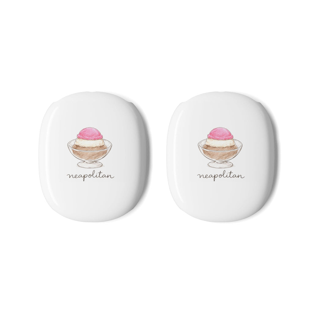 Two white AirPods Max ear cup covers, each with pink dessert graphic