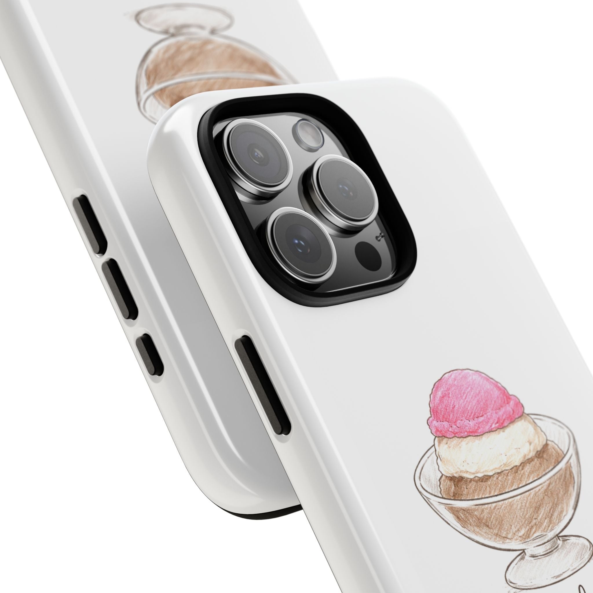 Angled white phone case with neapolitan sundae illustration and raised camera edges