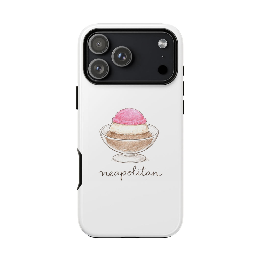 White phone case with neapolitan ice-cream sundae design over black camera panel