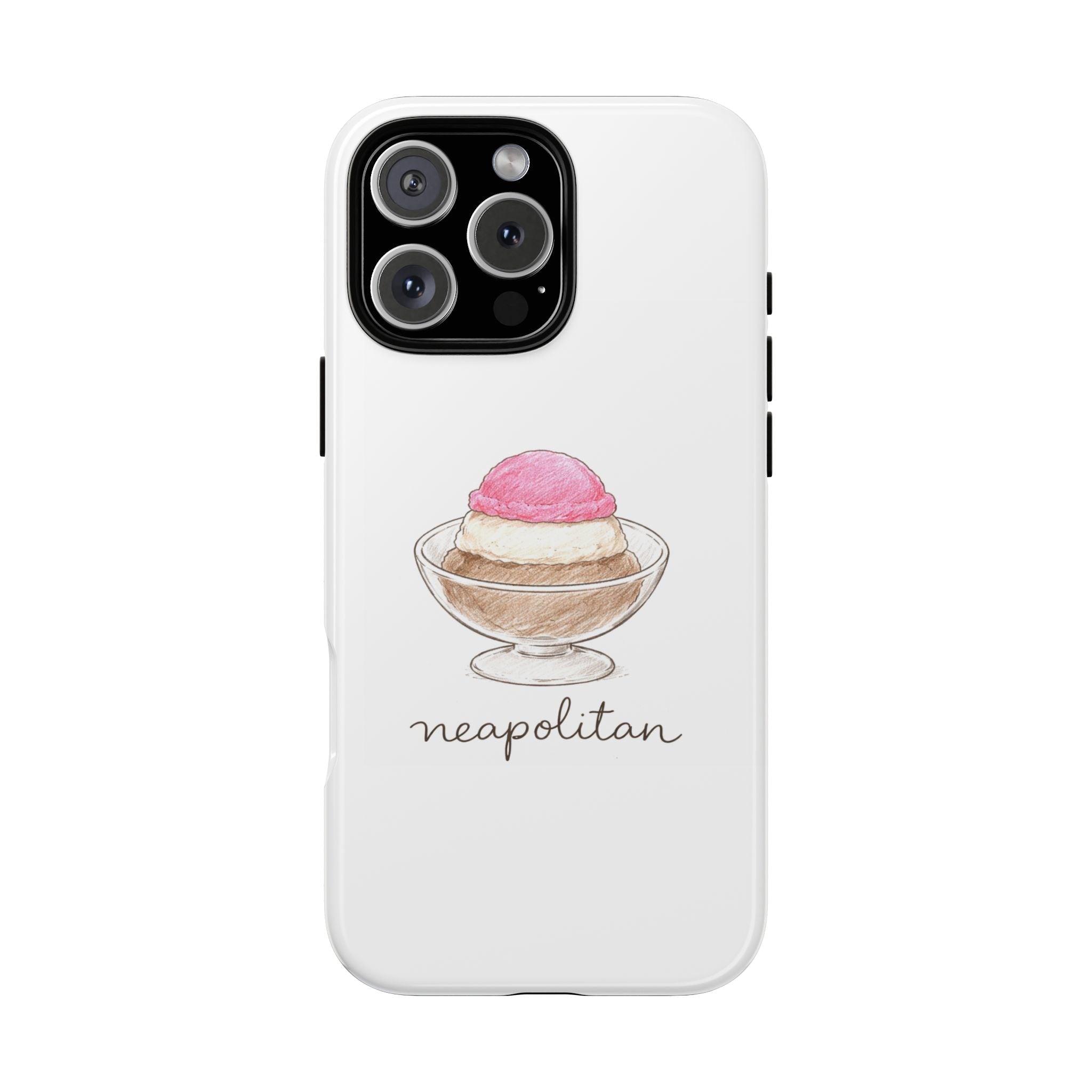 White phone case with neapolitan ice-cream sundae graphic and camera cutout