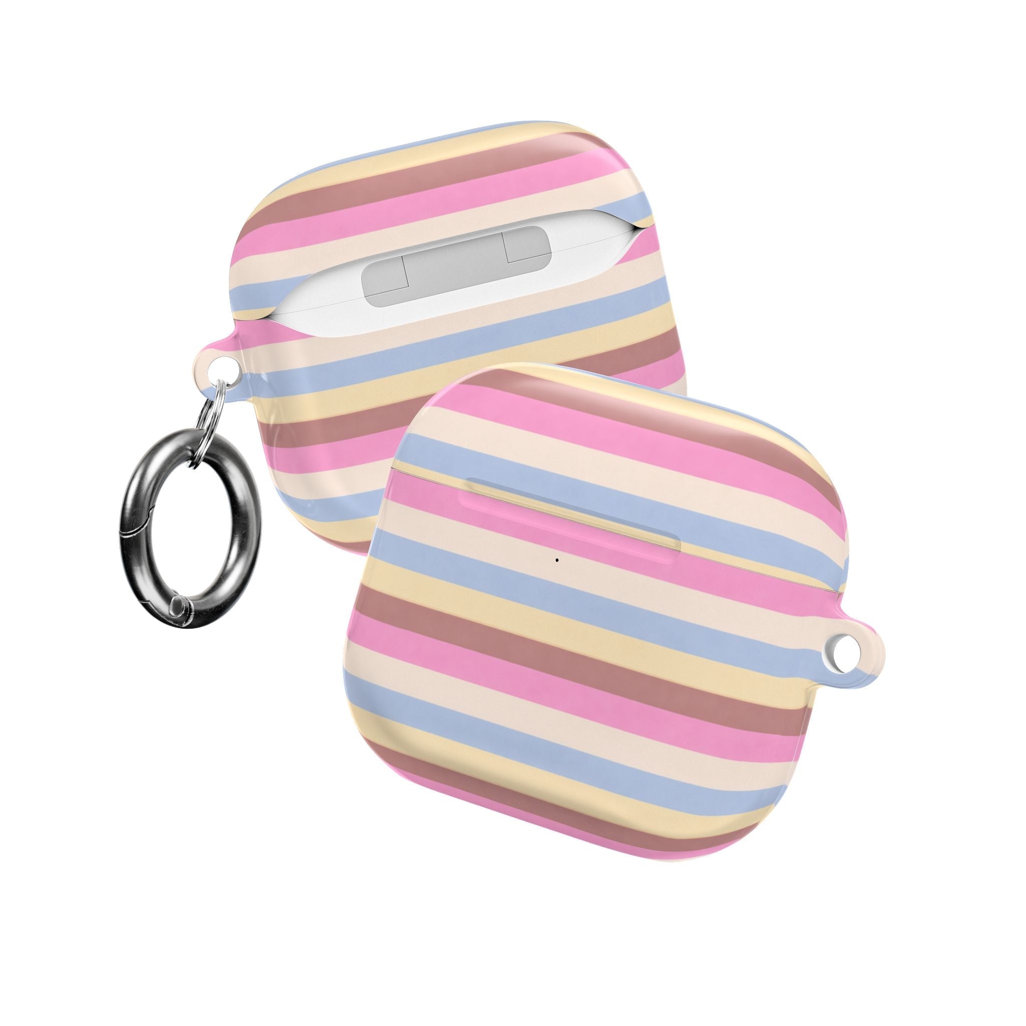 Pastel ice-cream stripe AirPod case with dual keyrings and speaker cutout