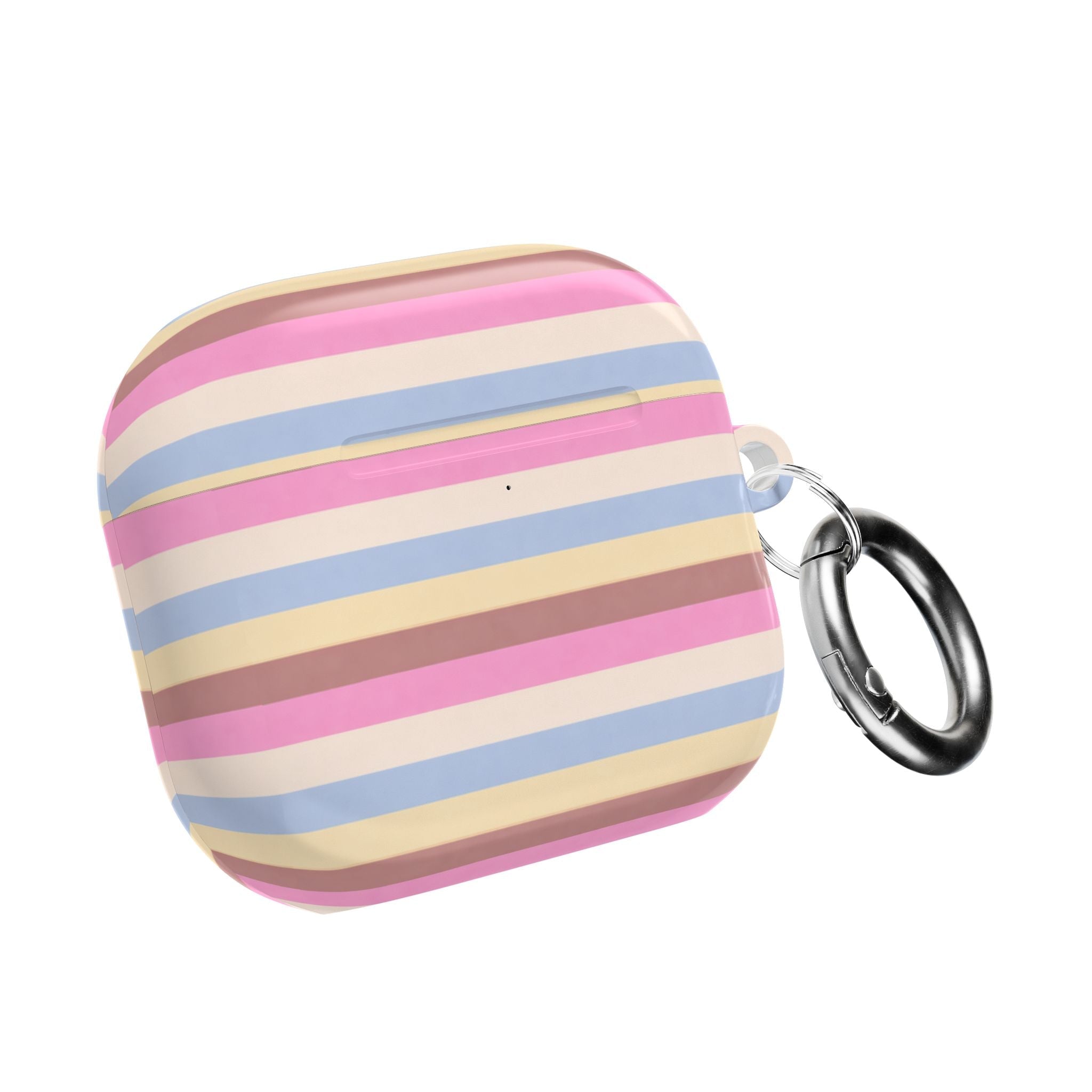 Pastel striped AirPod case with metal keyring, closed shell