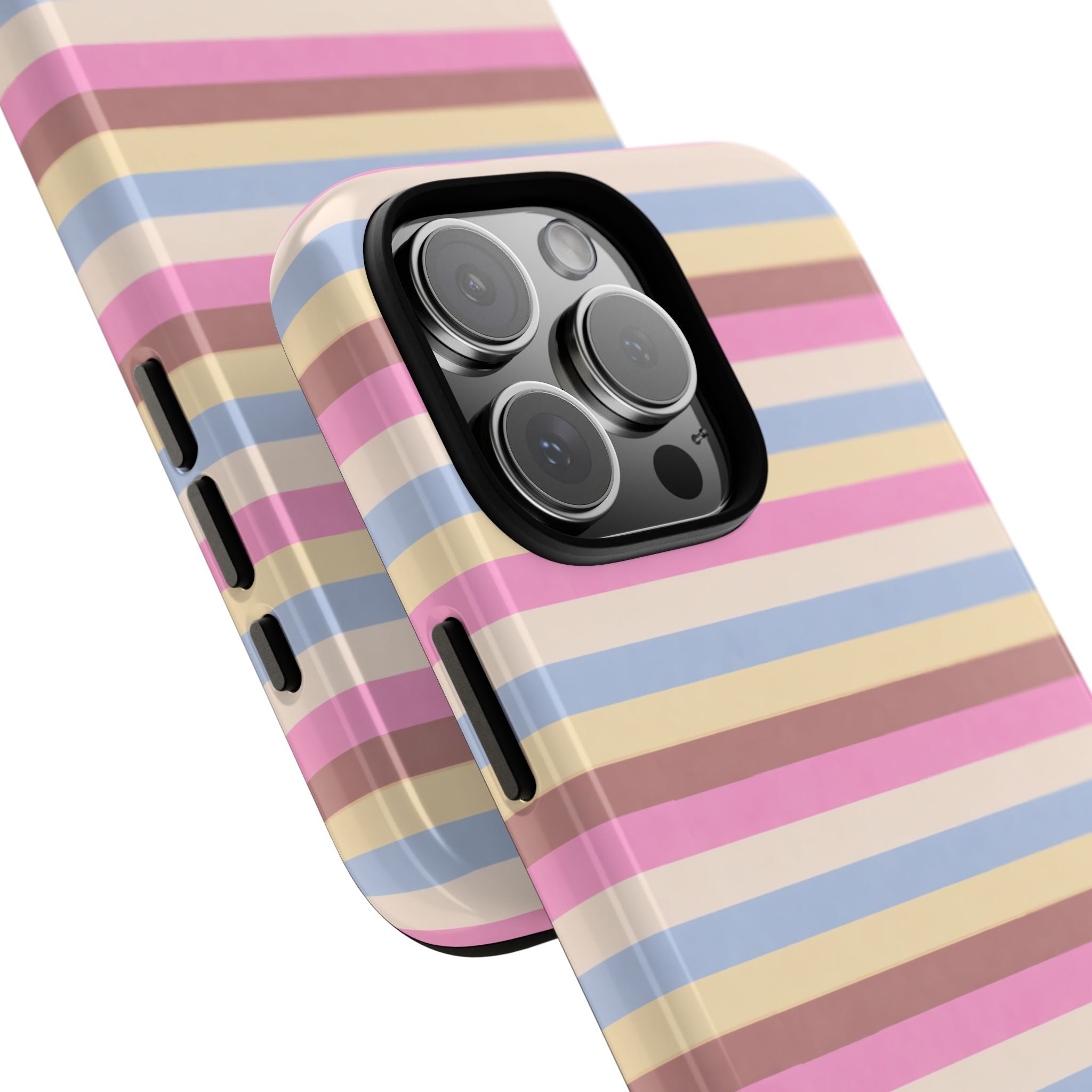 Pastel ice cream stripe phone case with raised camera rings; two cases overlap