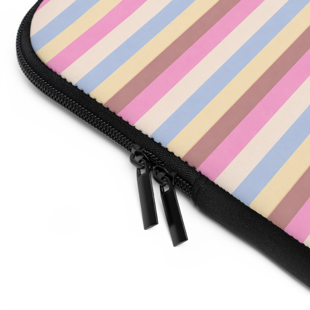 Close-up of black zipper and striped neoprene edge on tablet/laptop sleeve