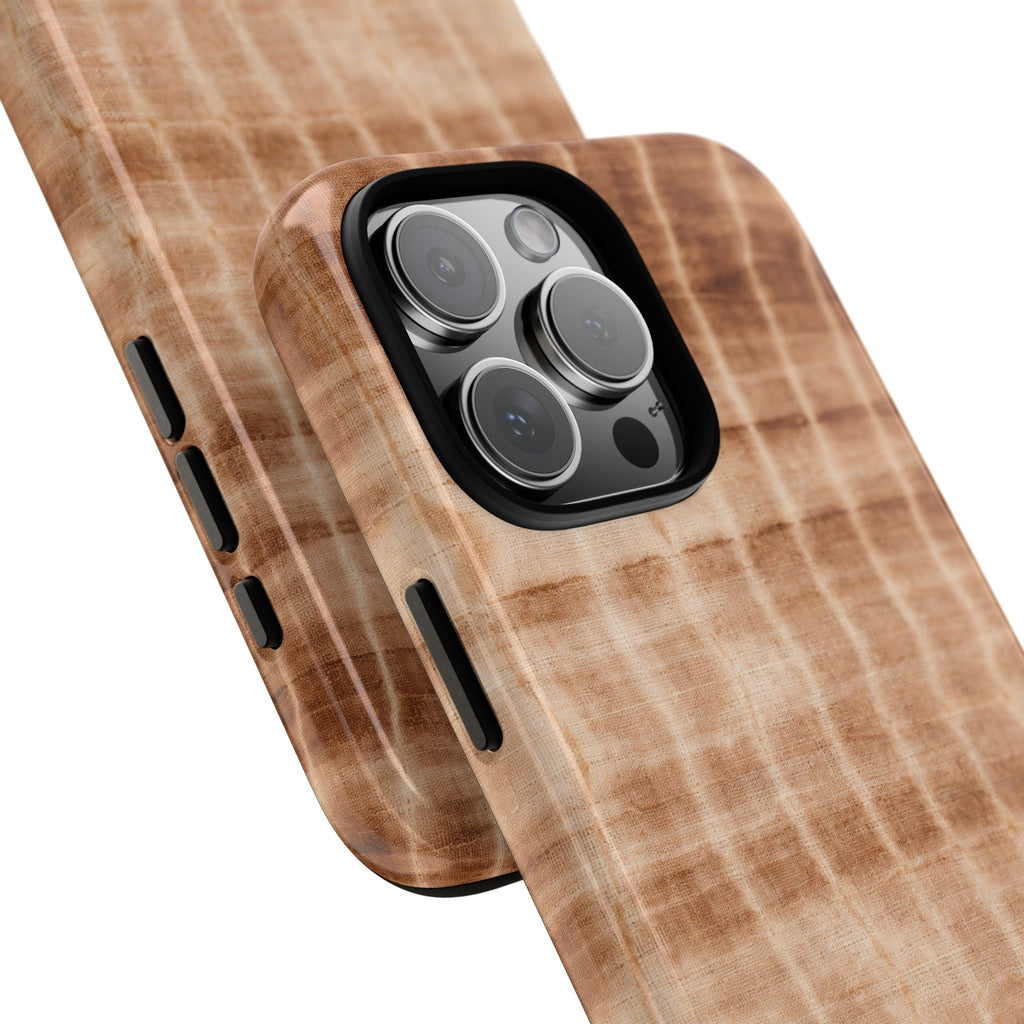 Neutral brown shibori tie-dye phone case detail: camera lenses and side cutouts