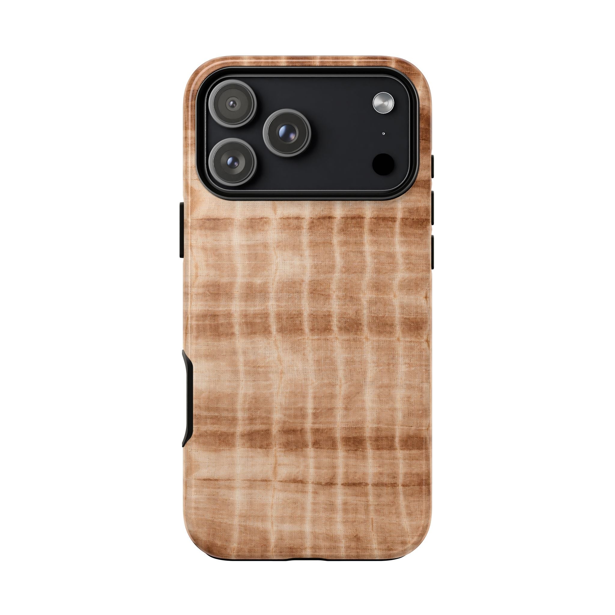 Neutral brown shibori tie-dye phone case, camera area and side button cutouts