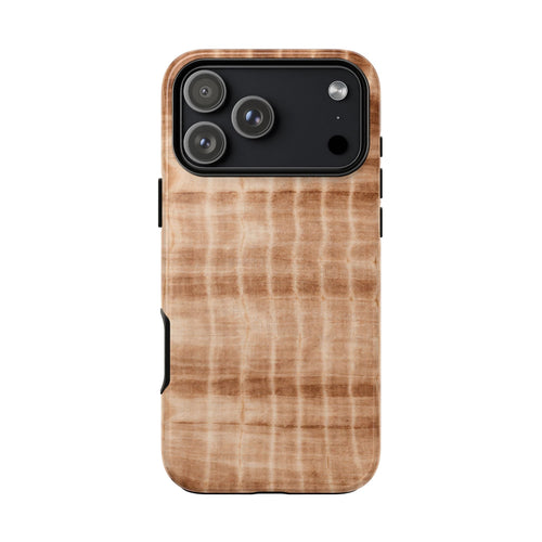 Neutral brown shibori tie-dye phone case, camera area and side button cutouts