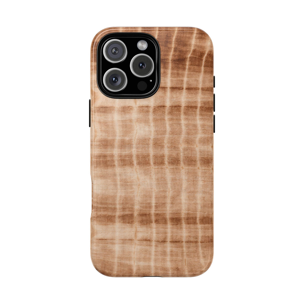 Neutral brown shibori tie-dye phone case with camera cutout, back view