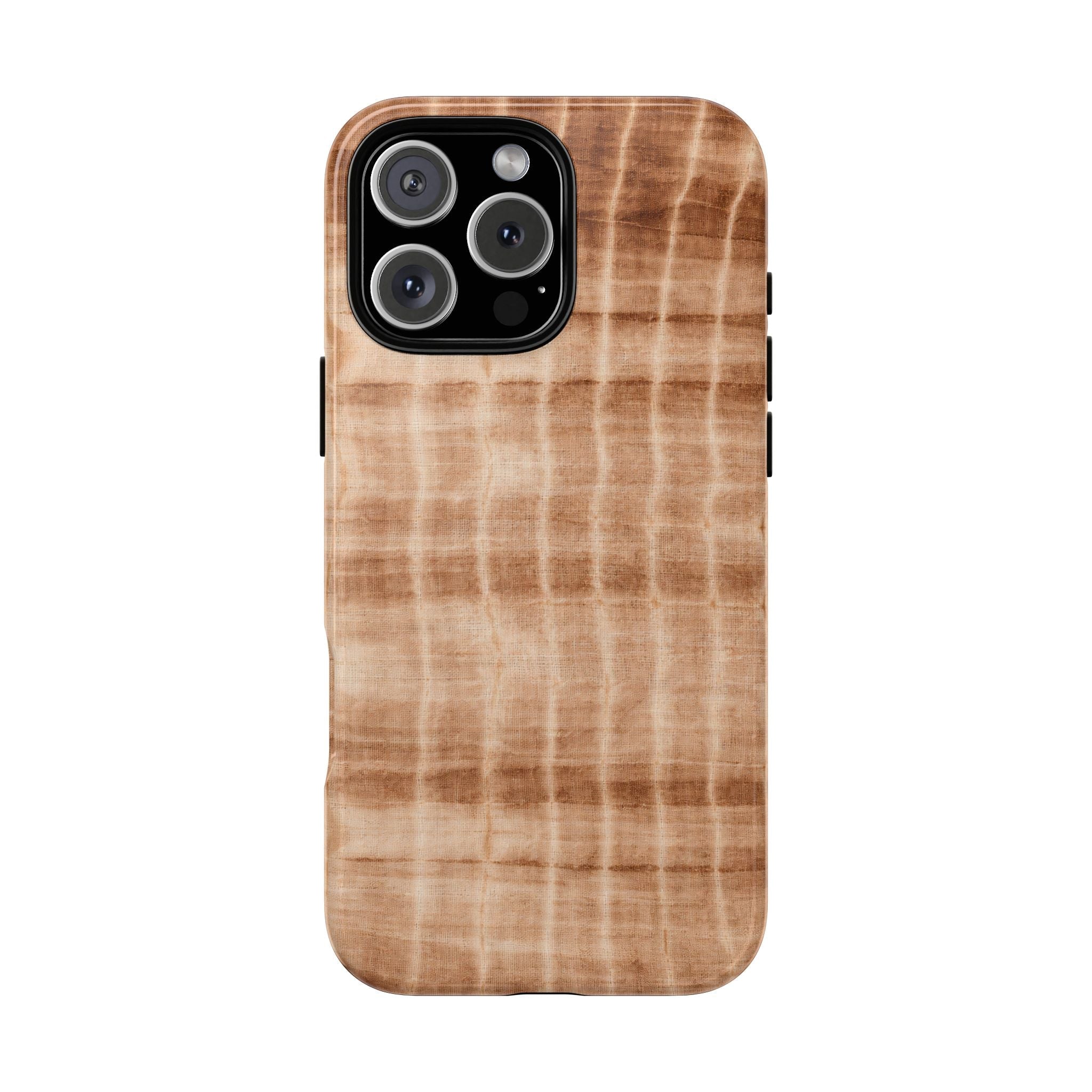 Neutral brown shibori tie-dye phone case with camera cutout, back view