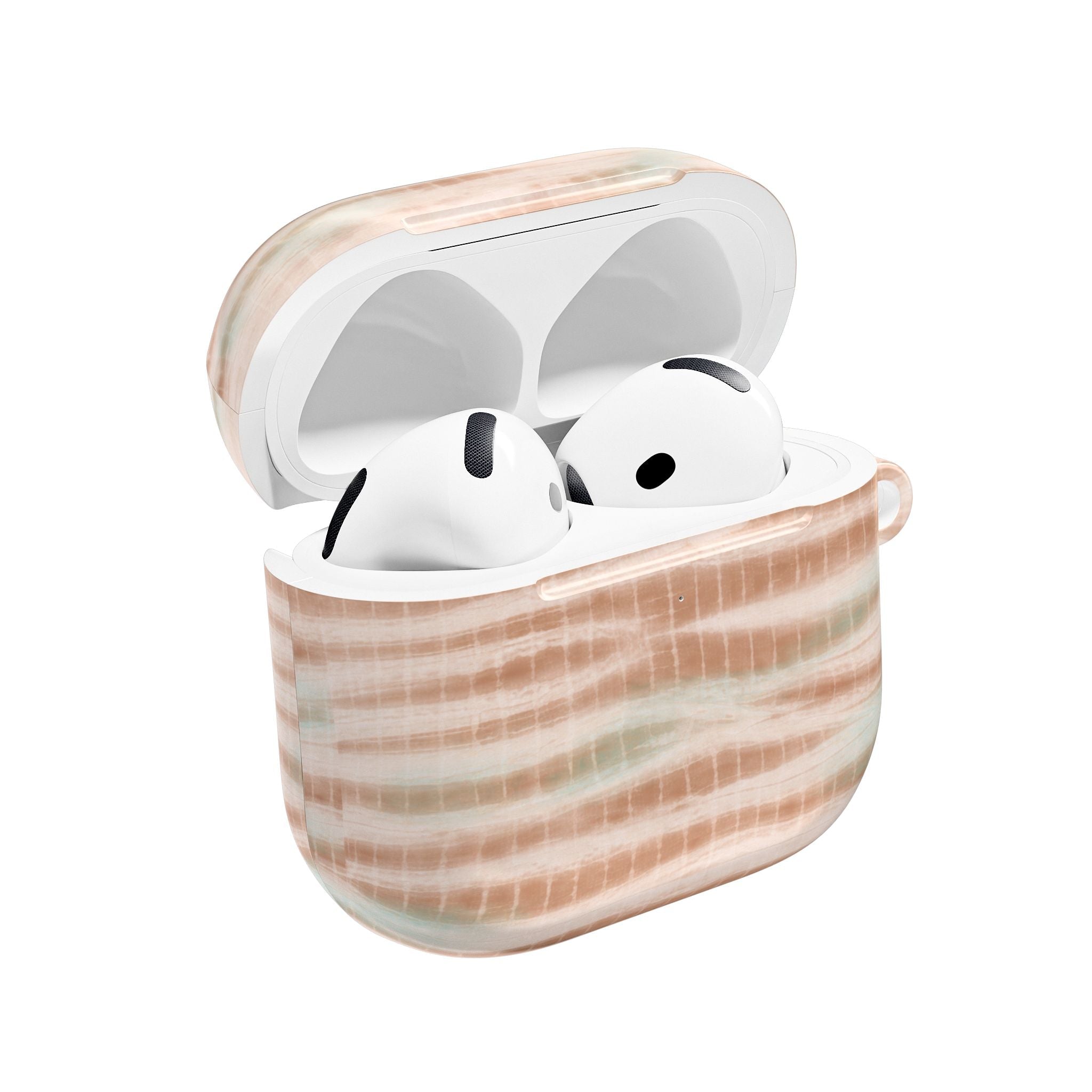 Neutral coastal wash AirPod case, open with white earbuds inside