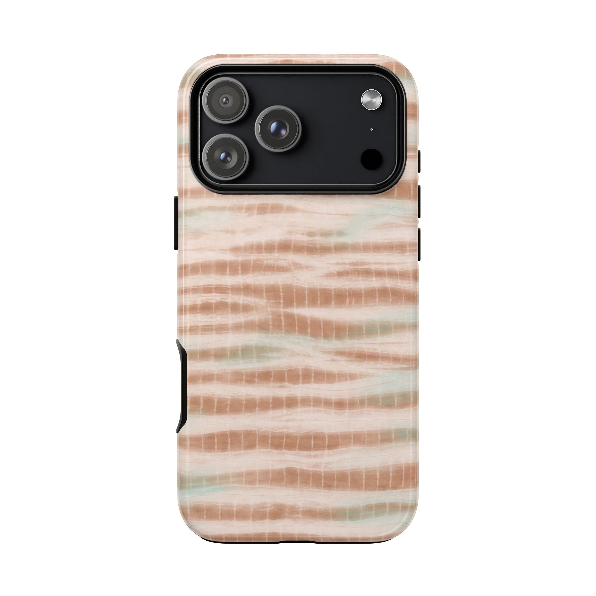 Neutral coastal wash phone case with abstract beige stripes; dual camera openings and flash