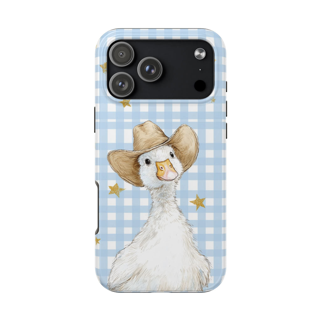 Blue gingham phone case with duck illustration and gold star accents, front view