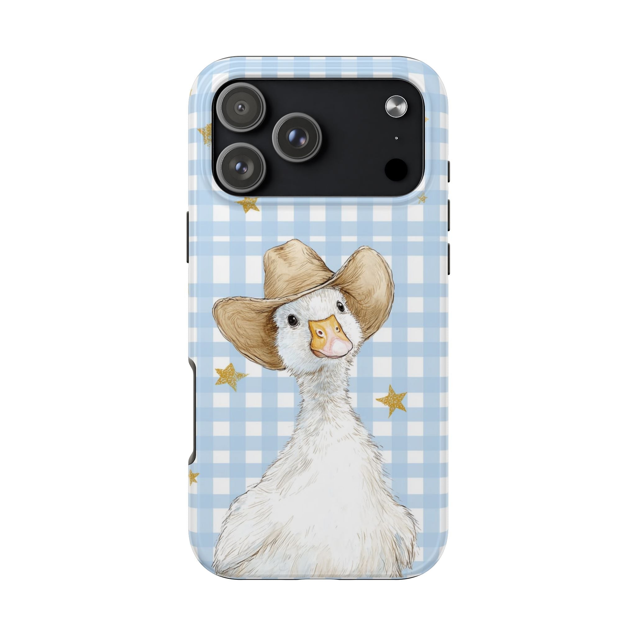 Blue gingham phone case with duck illustration and gold star accents, front view