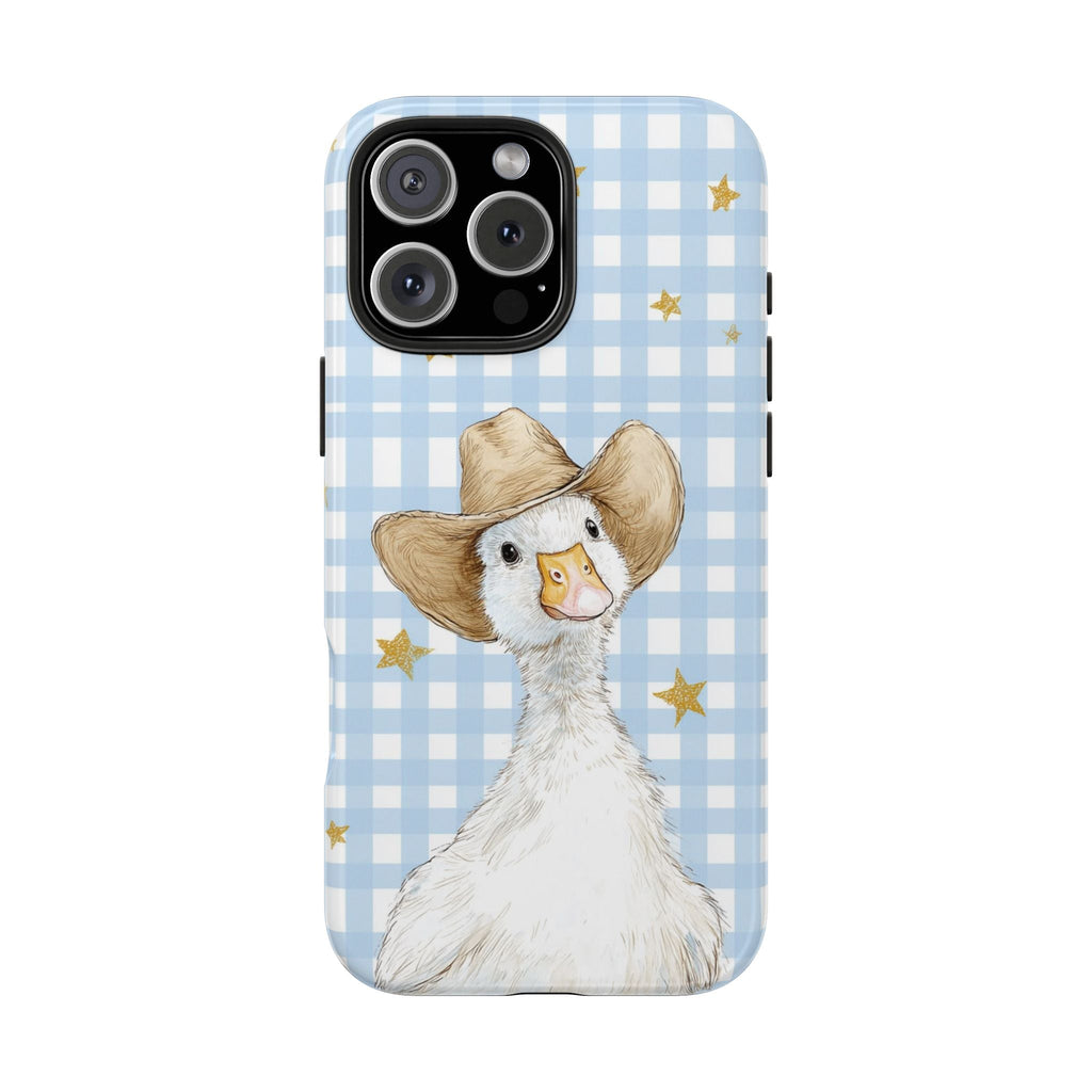 Blue gingham phone case with centered duck artwork and gold stars, camera cutout visible