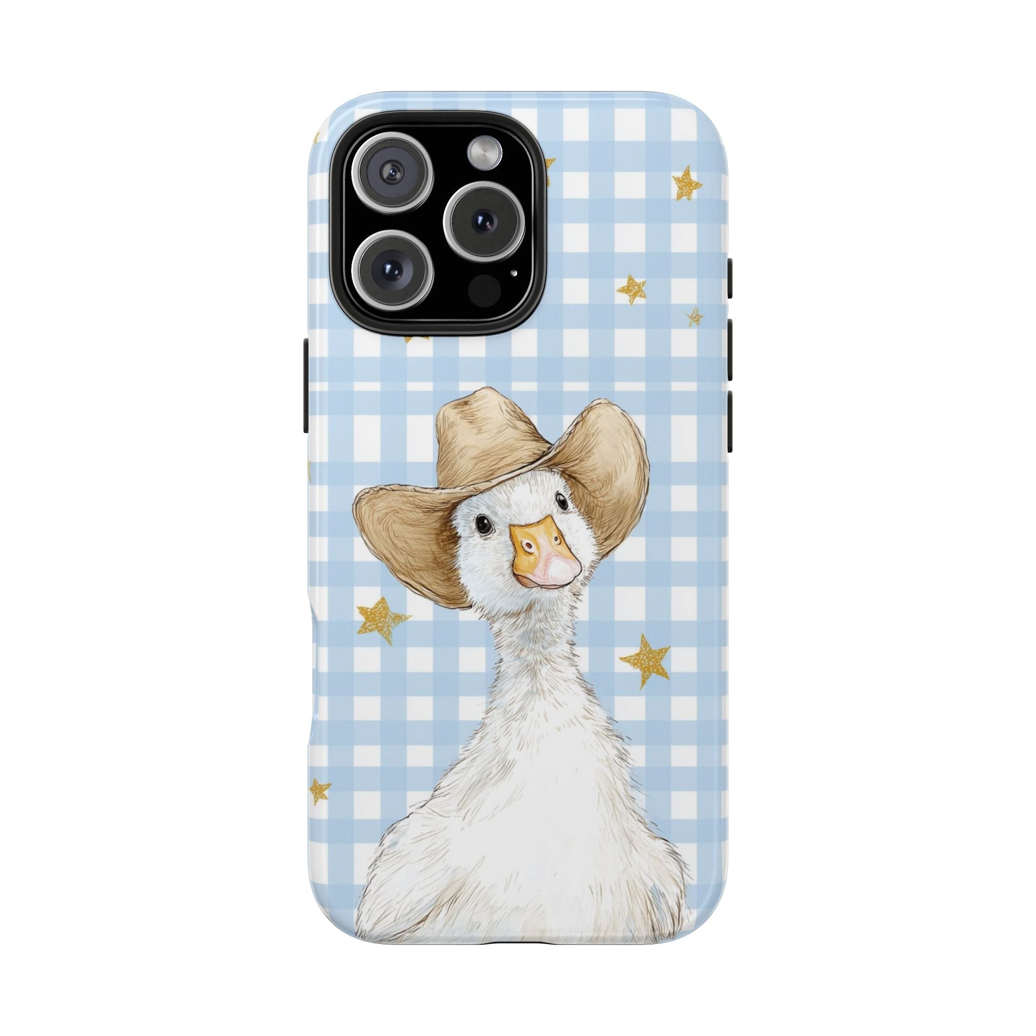 Blue gingham phone case with centered duck artwork and gold stars, camera cutout visible