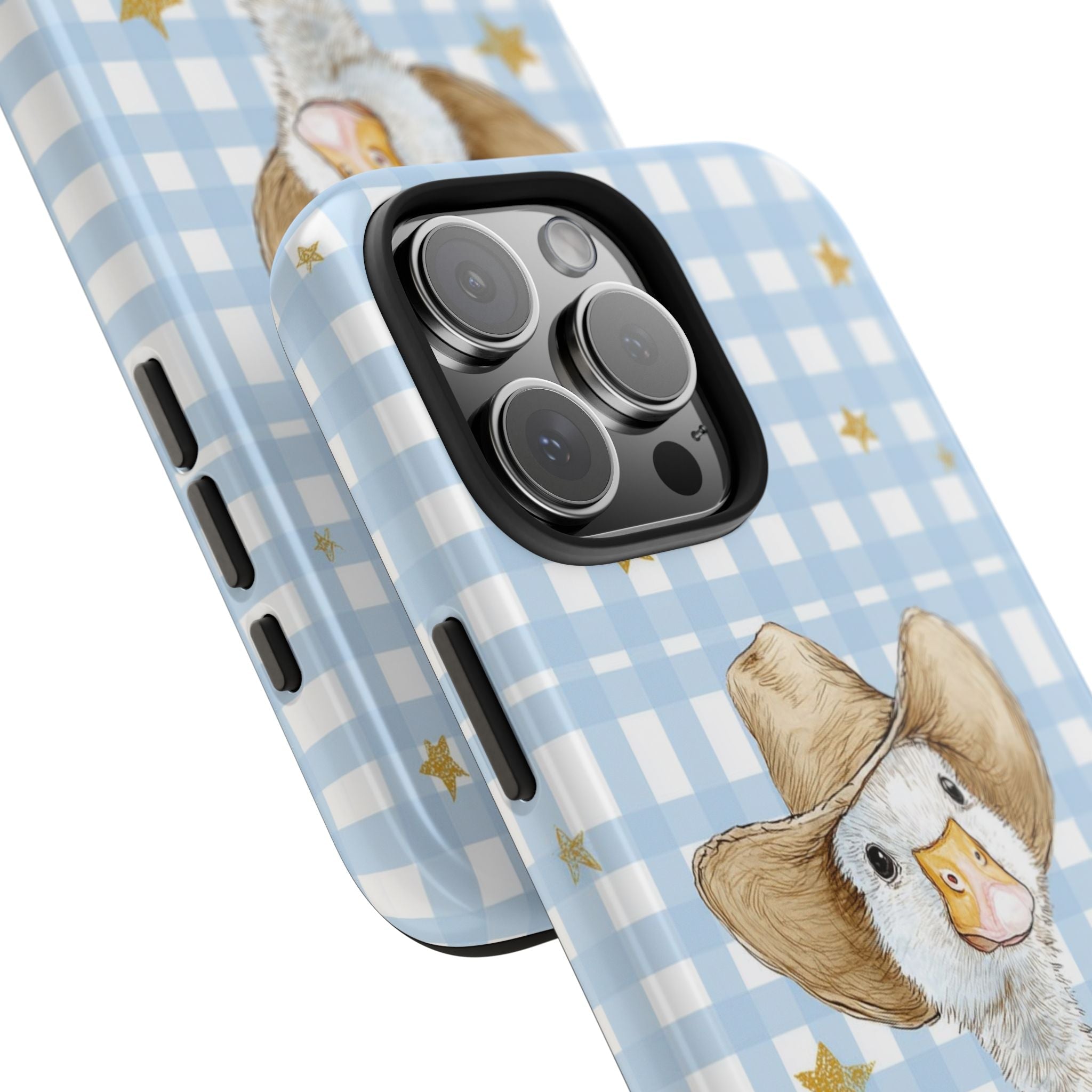 Blue gingham phone case with duck design, side cutouts and camera openings visible