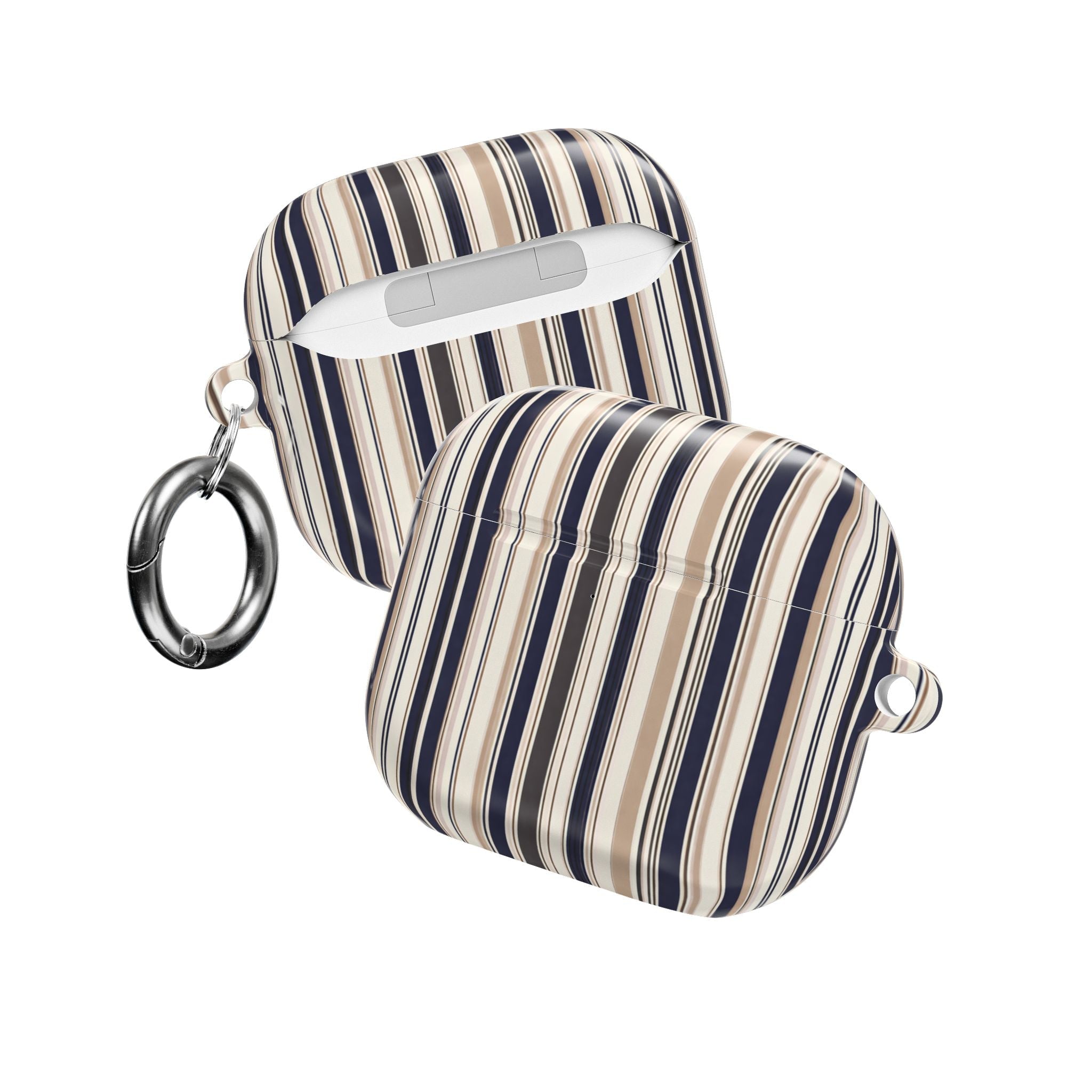 Striped AirPods case with textured shell, navy and tan vertical stripes, top handle and rings
