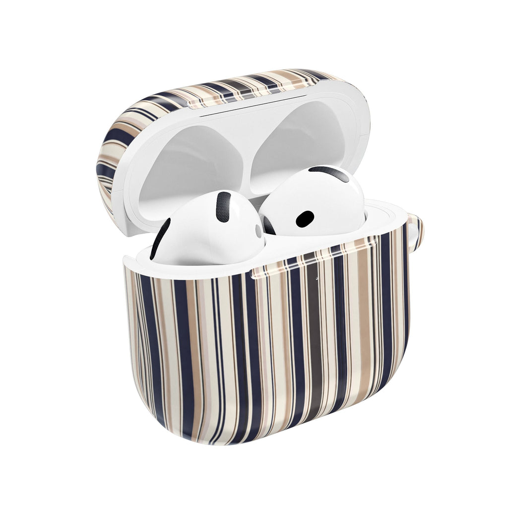 Striped AirPods case with white rim and vertical navy, tan, and cream stripes; open view