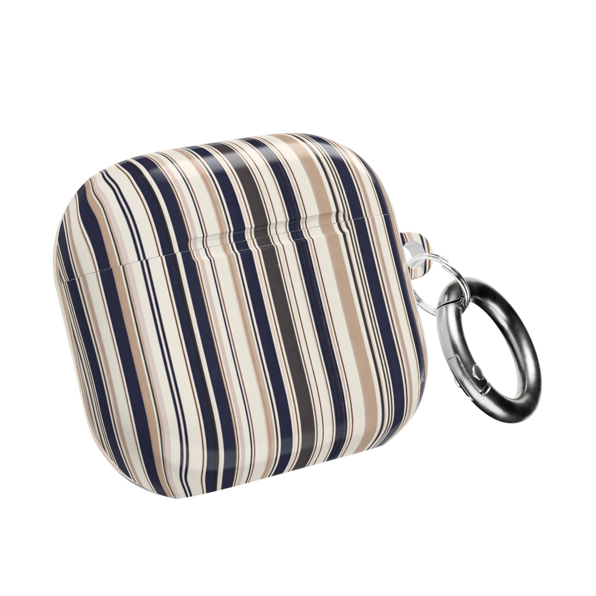 Striped AirPods case closed with navy and tan vertical stripes and metal carabiner ring