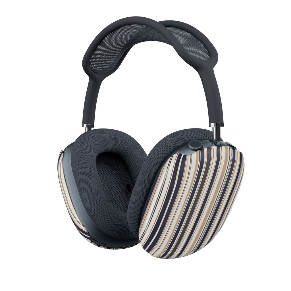 Striped AirPods Max ear pad covers with dark headband and navy-beige fabric