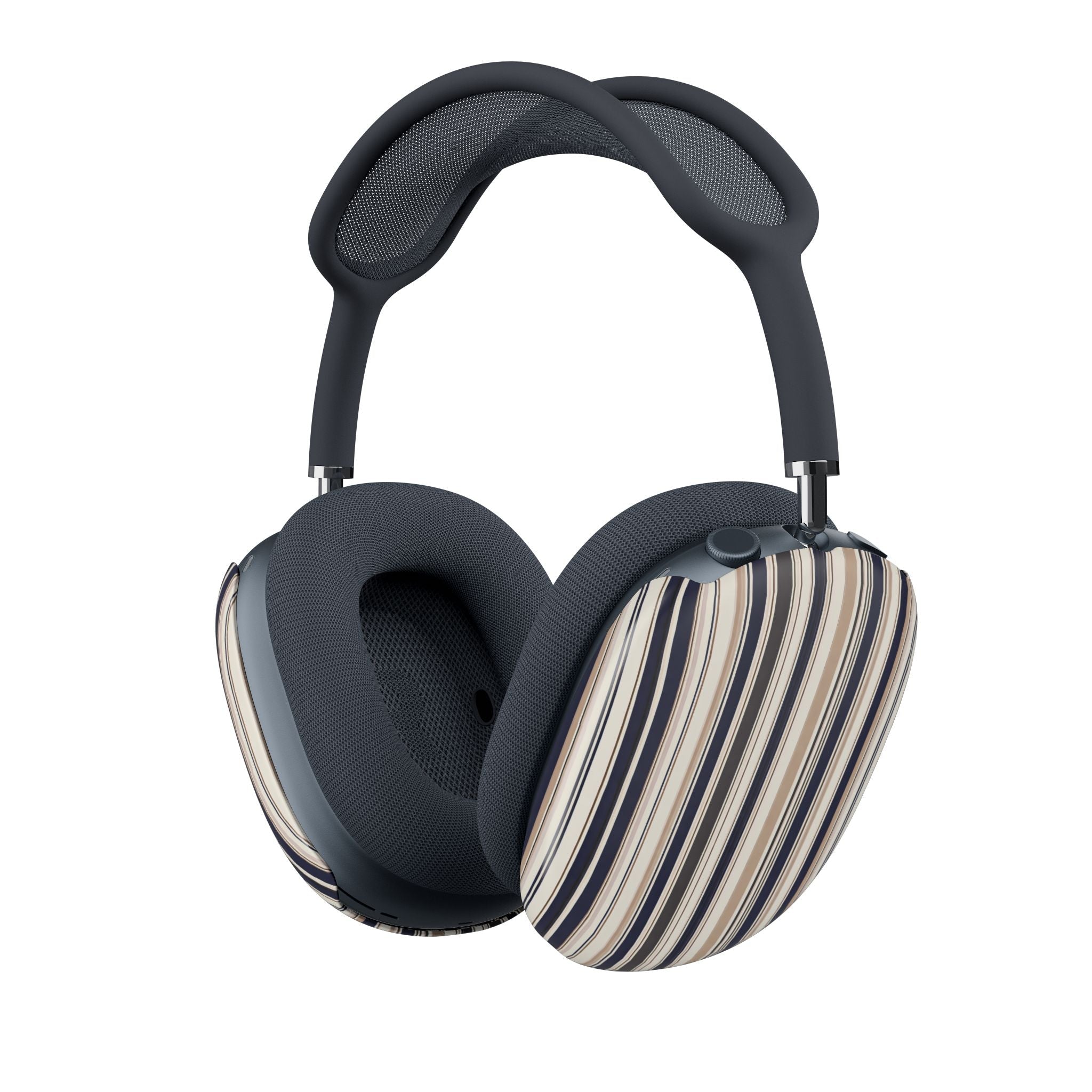 Striped AirPods Max ear pad covers with dark headband and navy-beige fabric