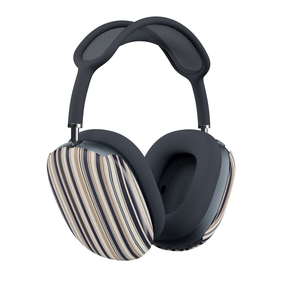 AirPods Max ear pad covers, striped beige/navy with dark mesh cushions and headband