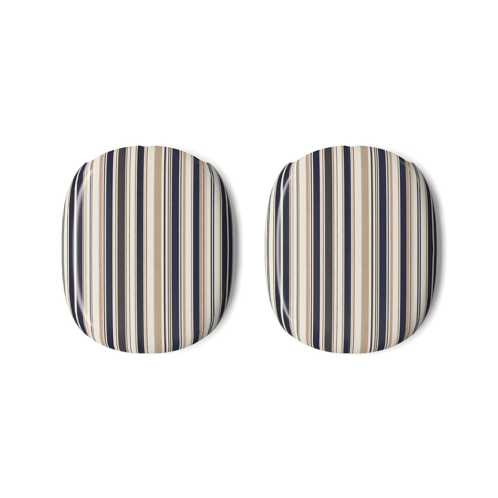 Pair of striped ear pad covers for AirPods Max in beige and navy vertical stripes