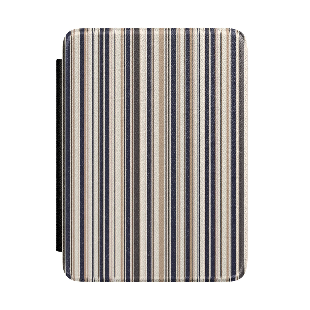 Hardcover Kindle case with vertical blue, cream, and navy stripes