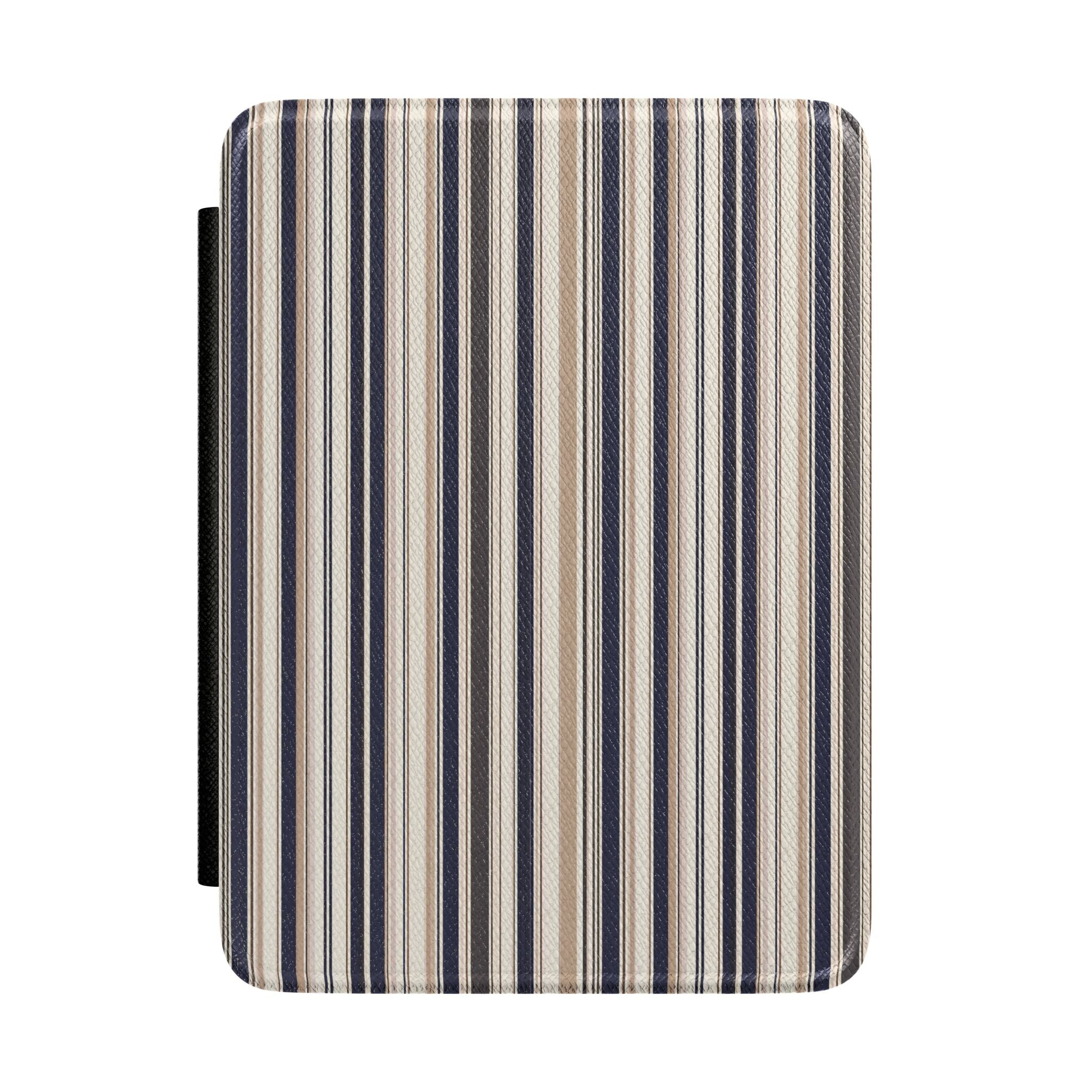 Hardcover Kindle case with vertical blue, cream, and navy stripes