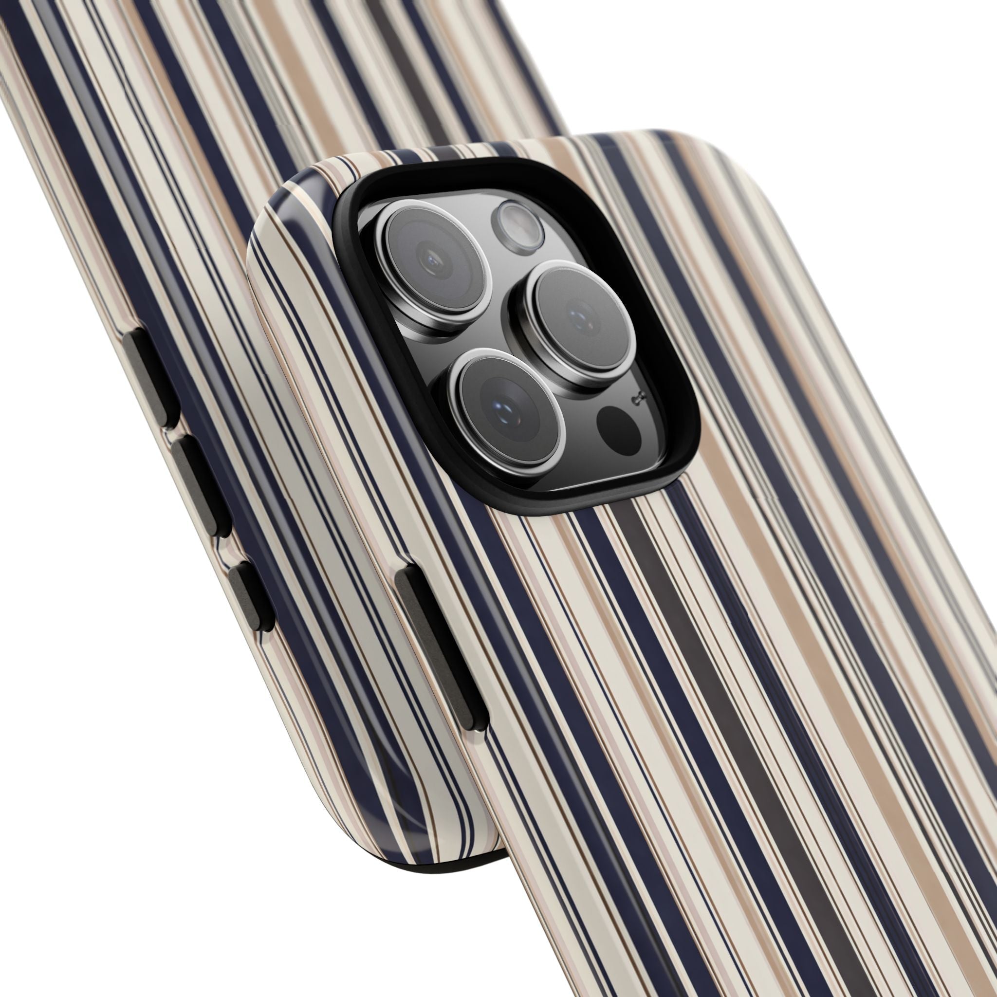 Angled striped phone case showing camera lenses in black frame; cream and navy stripes