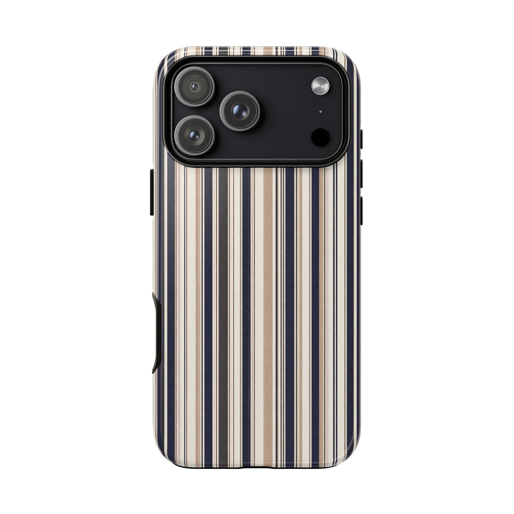 Striped phone case back with triple camera cutouts; vertical cream and navy stripes