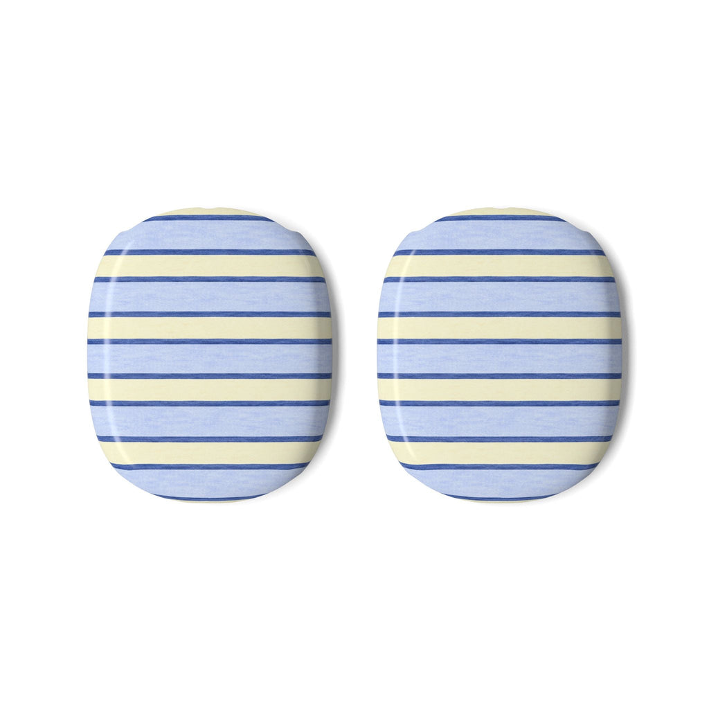 Pair of AirPods Max ear cushion covers, blue and yellow horizontal striped pads
