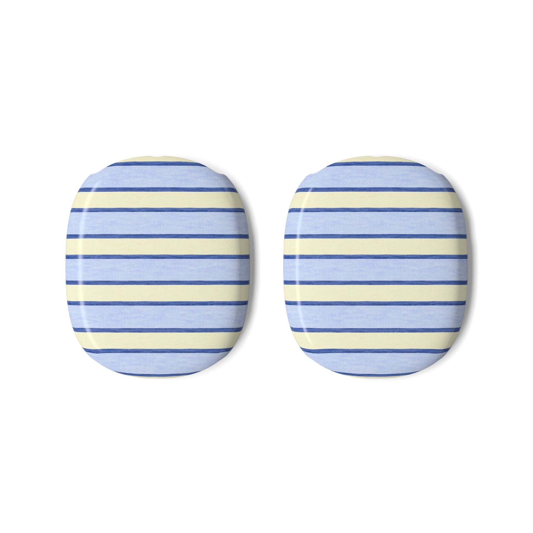 Pair of AirPods Max ear cushion covers, blue and yellow horizontal striped pads