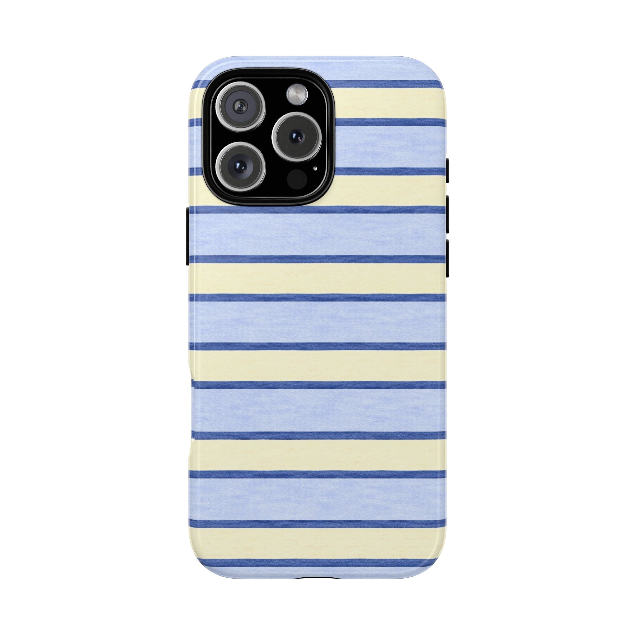 NEWPORT BEACH striped phone case with blue and cream horizontal bars and camera cutouts