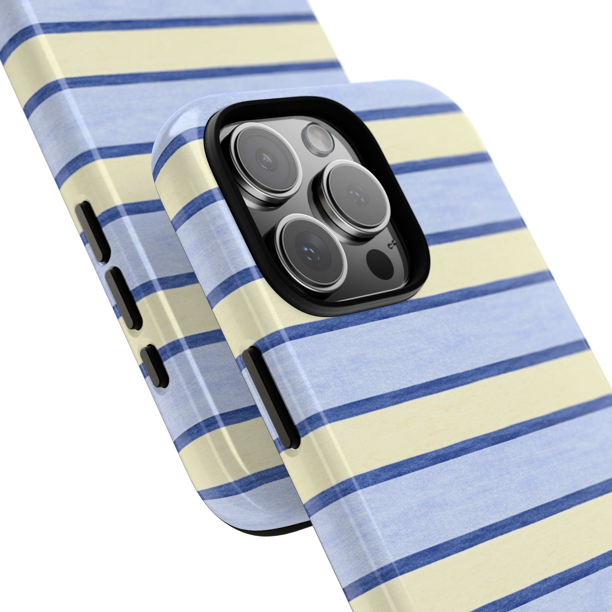 Blue and cream horizontal stripe phone case, angled view showing camera and side cutouts
