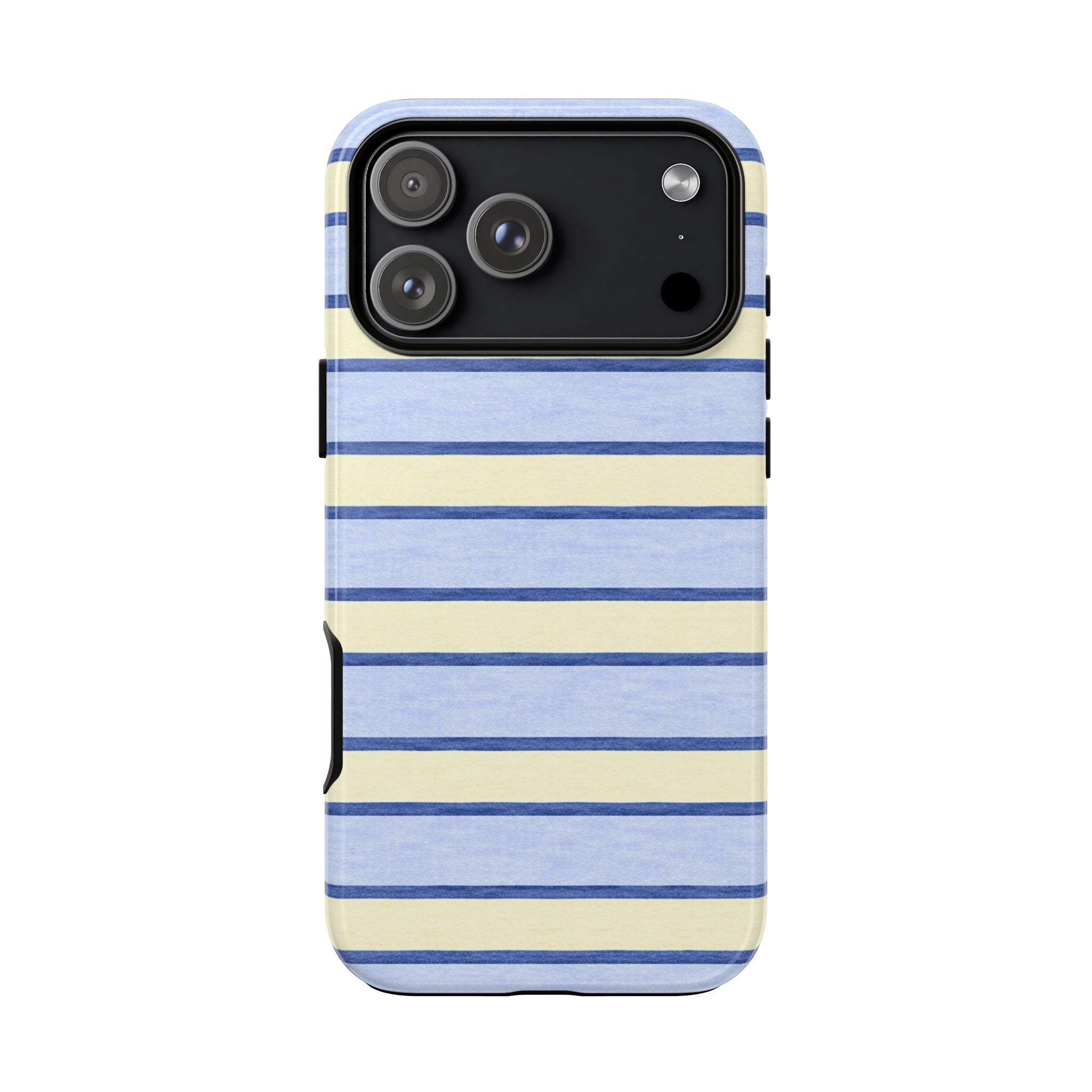 Striped phone case in blue and cream horizontal bars with camera openings and side cutouts