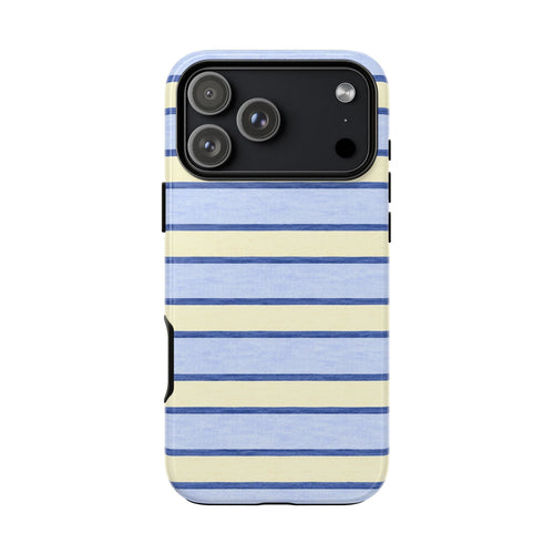 Striped phone case in blue and cream horizontal bars with camera openings and side cutouts